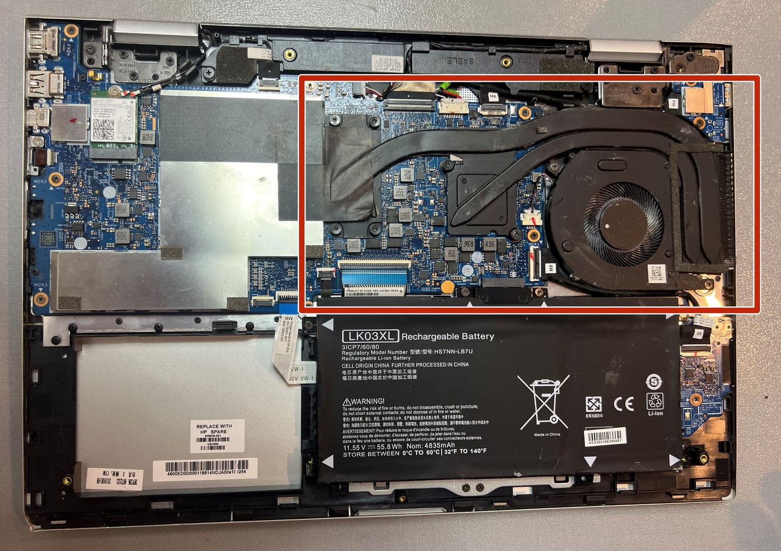 Internal Photo of HP ENVY X360 15-CN, 15-CP, 15-AG, TPN-W134, silver backlit US keyboard palmrest (HP ENVY x360 - 15-cn)